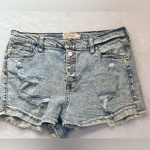 Altar'd State Light Wash Button Fly Raw Hem Boho Distressed Denim Shorts Size 31